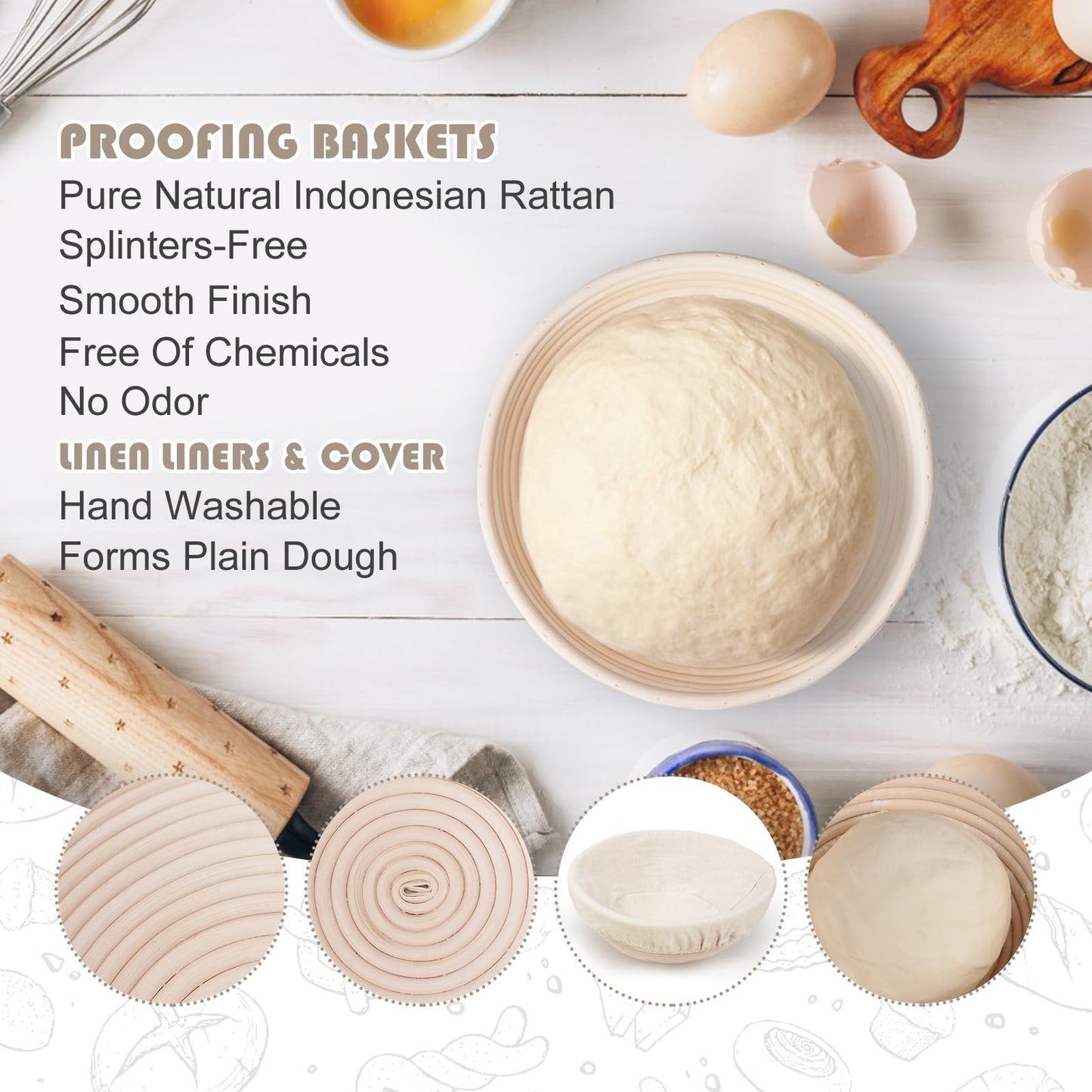 CODOGOY Banneton Bread Proofing Basket, Sourdough Bread Baking Supplies, Sourdough Starter Kit with 9" Round Proofing Basket, Food Thermometer, Spatula, Scraper, Dough Whisk