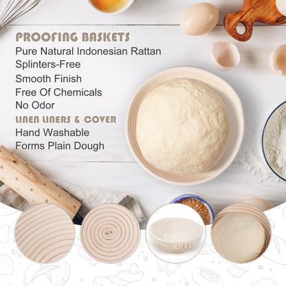 CODOGOY Banneton Bread Proofing Basket, Sourdough Bread Baking Supplies, Sourdough Starter Kit with 9" Round Proofing Basket, Food Thermometer, Spatula, Scraper, Dough Whisk