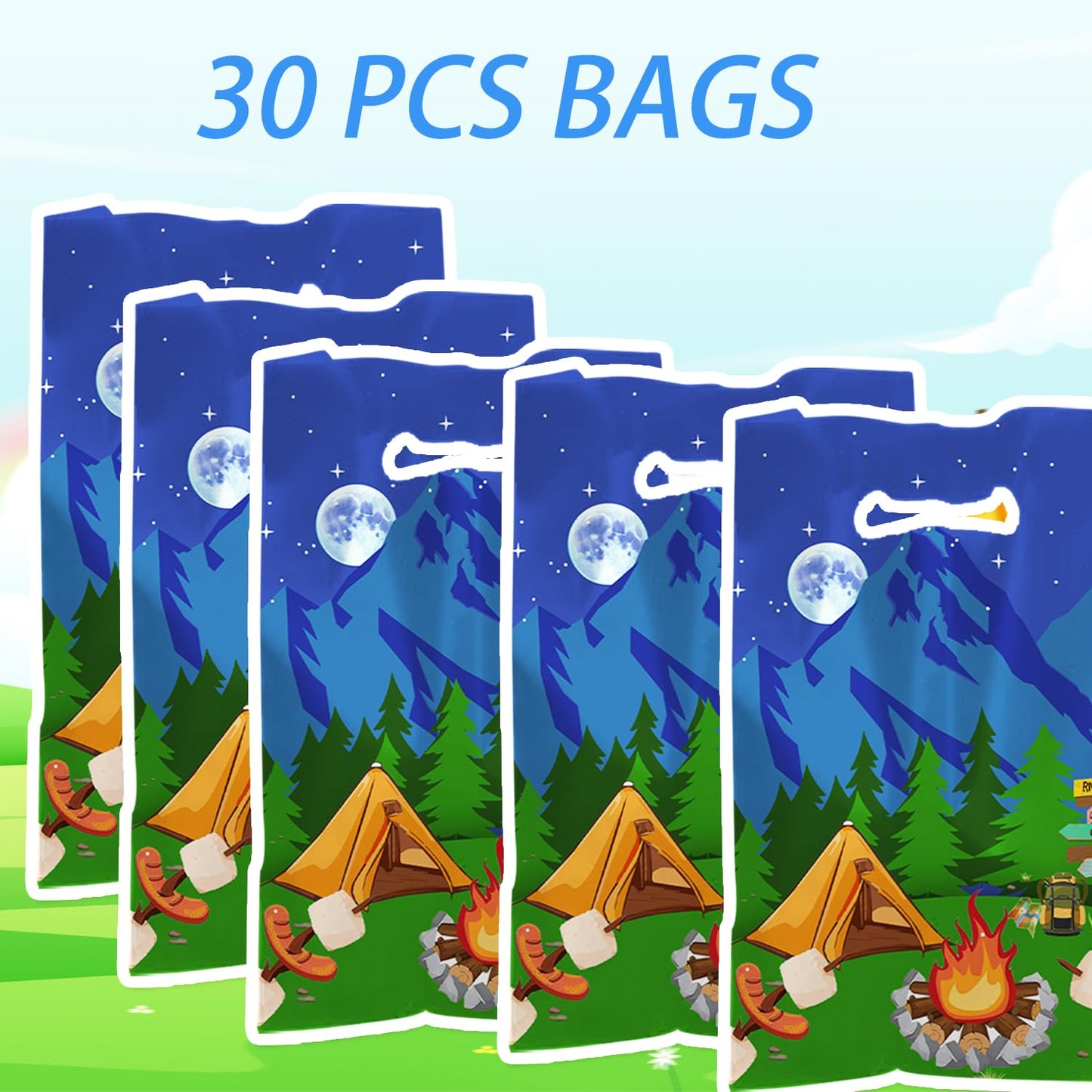 qhqqwzxqc Camping Party Favor Bags Camping Adventure Gift Bags Happy Camper 30PCS Candy Treat Bags Camping Goodie Bags for Christmas Camp Supplies Camper Theme Forest Nature Hiking Party