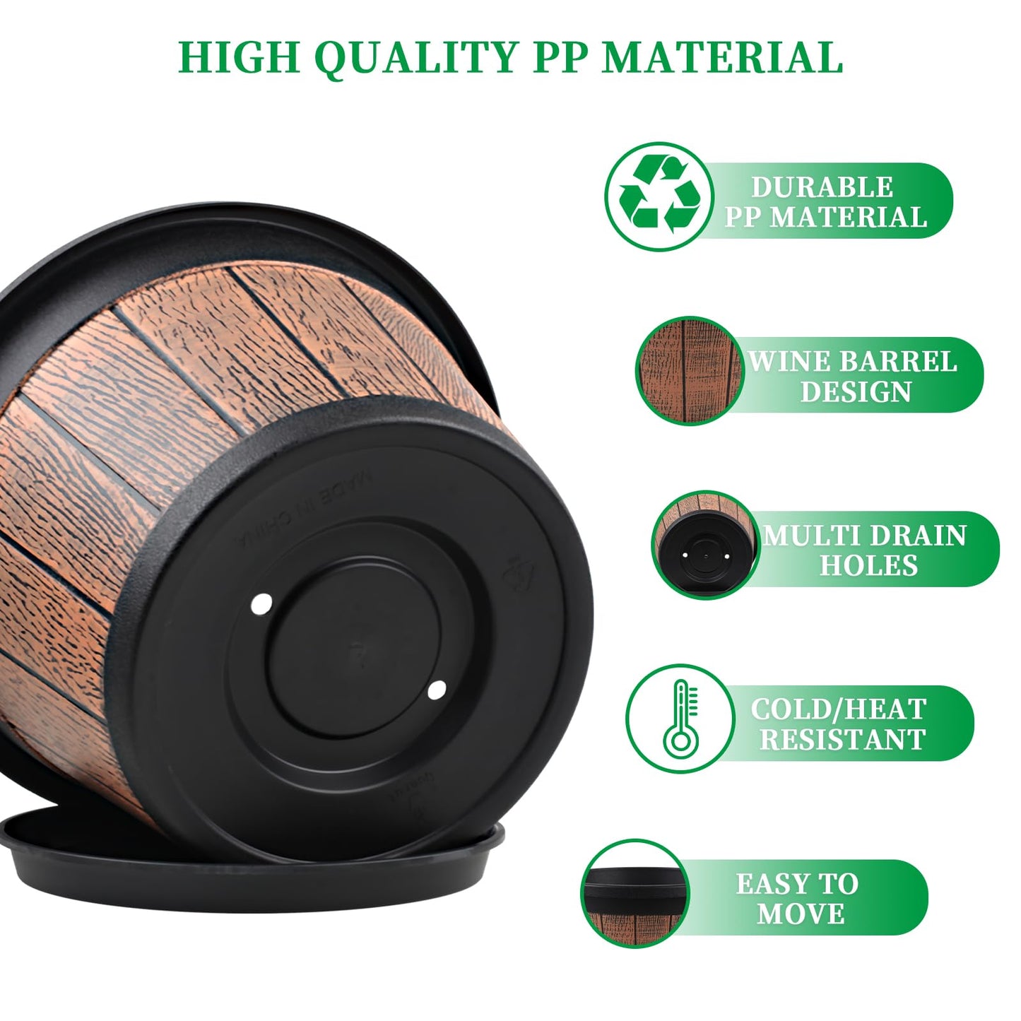 Quarut Large 4 Pack 14 inch Plant Pots,Whiskey Barrel Planters with Drainage Holes & Saucer,Plastic Decoration Flower Pots Retro Design,Planters for Outdoor Indoor Garden Balcony Plants (Brown)