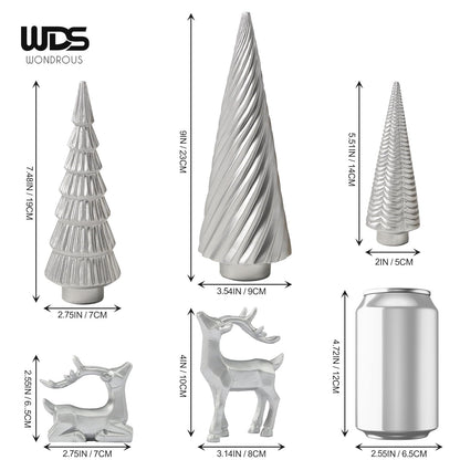 WDS WONDROUS Christmas Decor Trees and Reindeer Figurines Decoration- Sliver Set of 5 Christmas Tree Statues and Deer Decor Set, Resin Ornaments Tabletop Shelf Office Indoor