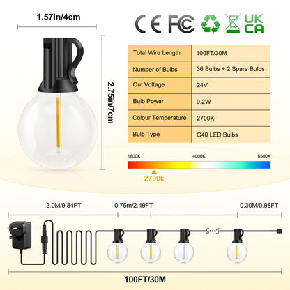 Outdoor String Lights Mains Powered - G40 Garden Festoon Lights 100FT/30M Dimmable with Remote Control Shatterproof LED Bulbs 3 Modes & 2 Timer Settings Waterproof for Outdoor Patio Gazebo Pergola
