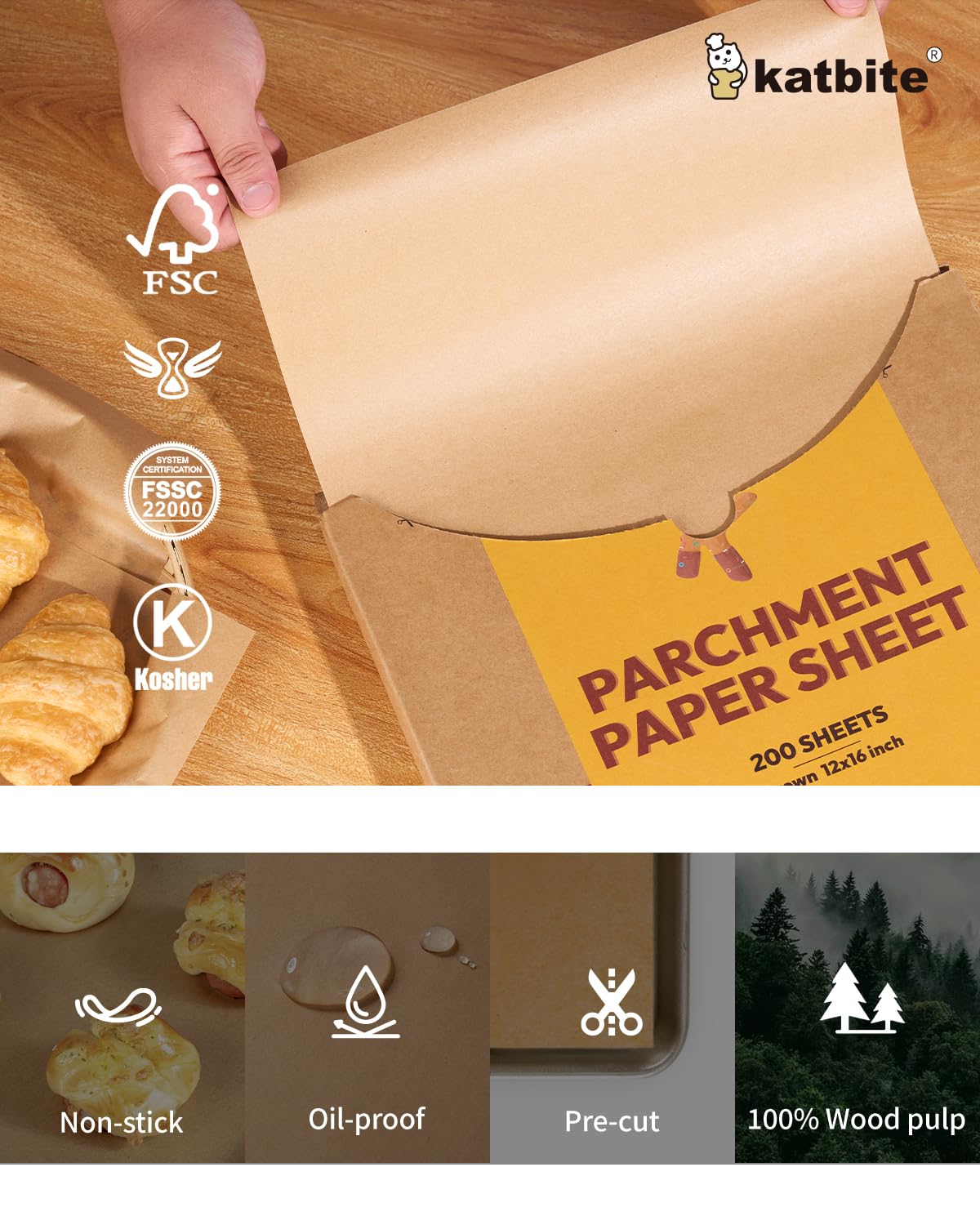 Unbleached Parchment Paper 200 PCS, Katbite 12X16 inches（30X40cm） Baking Paper, Heavy Duty and Non-Stick Parchment Paper Sheets for Baking for Air Fryer, Grilling, Steaming