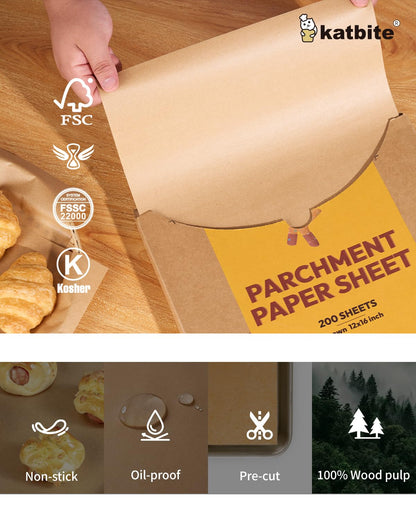 Unbleached Parchment Paper 200 PCS, Katbite 12X16 inches（30X40cm） Baking Paper, Heavy Duty and Non-Stick Parchment Paper Sheets for Baking for Air Fryer, Grilling, Steaming