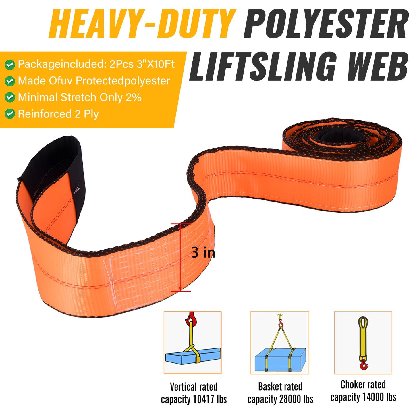 2PCS 3”x10Ft Lift Sling Straps, Supper Sturdy Nylon Lifting Straps, 28000LBS Capacity Heavy Duty Eye-Eye Tow Strap for Hoist, Tree Saver, Winch Strap