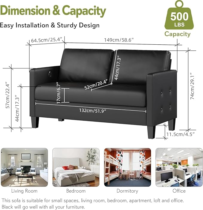 STHOUYN 59” Black Faux Leather Sofa Couch, Modern Comfy Office 2 Seater Couch