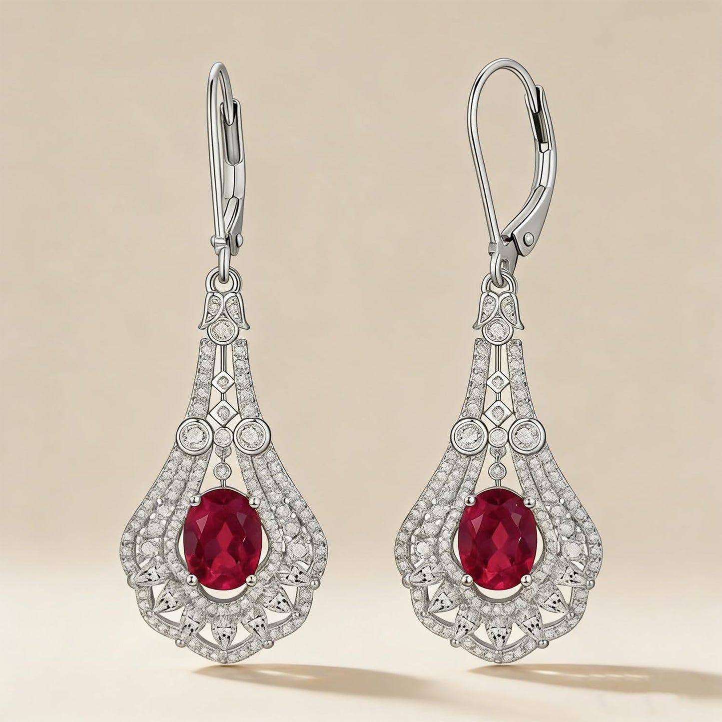 Lvoryance 1.5CT Created Ruby Earrings 925 Sterling Silver 6mm * 8mm Oval Cut July Birthstone Drop Earrings for Women