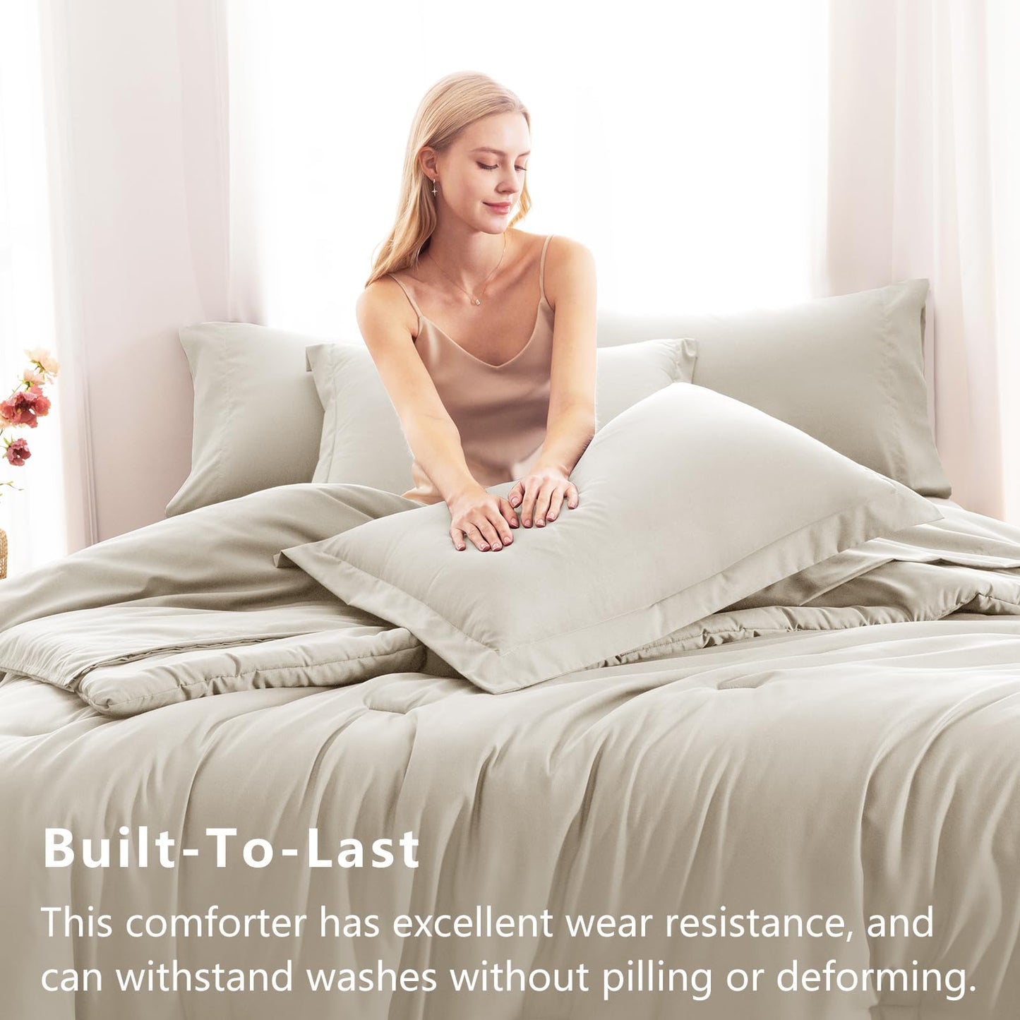 CozyLux King Size Comforter Set Beige, 7 Pieces Bed in a Bag King Comforter Set with Sheets, Luxury Soft Bedding Sets with Down Alternative Comforter, Fitted Sheet, Flat Sheet, Pillowcases & Shams