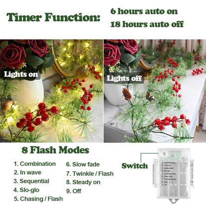 Christmas Garlands 6.56FT 30 LED Remote Garlands with Lights Battery Operated Pine Garland with Artificial Greenery Garland Christmas Decorations Timer & 8 Flash Modes
