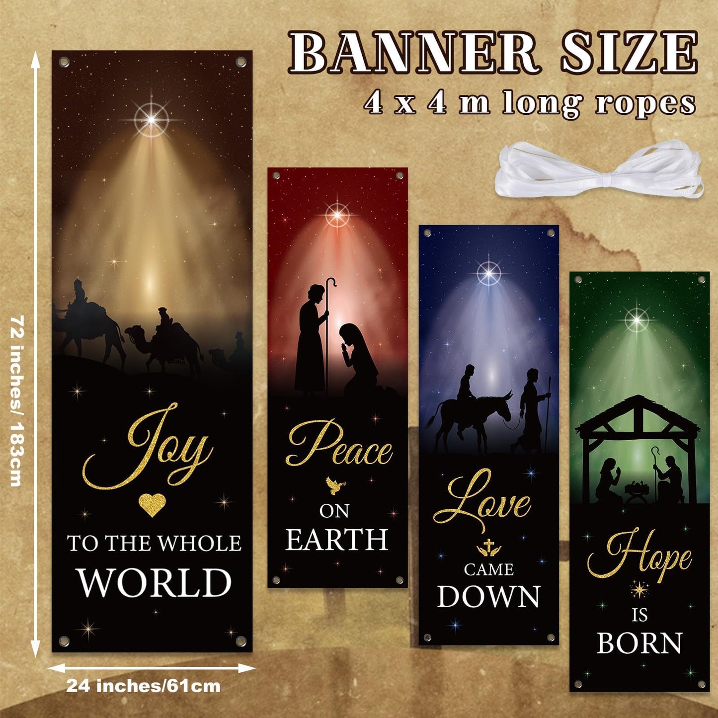 4Pcs Welcome Religious Easter Banners for Church Sanctuary Wall - Hanging Backdrop Nativity Scene Banner Scripture - Easter Porch Signs for School Nativity Decor