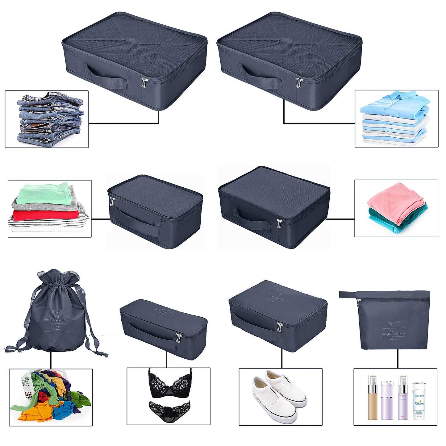 BETLLEMORY Packing Cubes 8 Sets Travel Luggage Organizers with Waterproof Shoe Storage Bag Compression Pouches(Navy Blue)