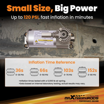 maXpeedingrods On Board Air Compressor System Up to 120 PSI Air Spring Compressor Kit with Analog Gauge Air Line T Fittings Single Path System for Trucks Vans
