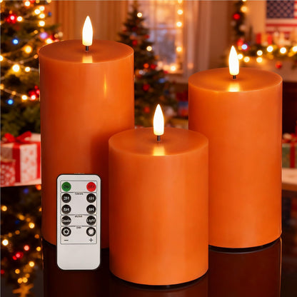 Girimax Burnt Orange Flameless Pillar Candles with Remote, Christmas LED Wax Candles Holiday Table Centerpieces Set of 3