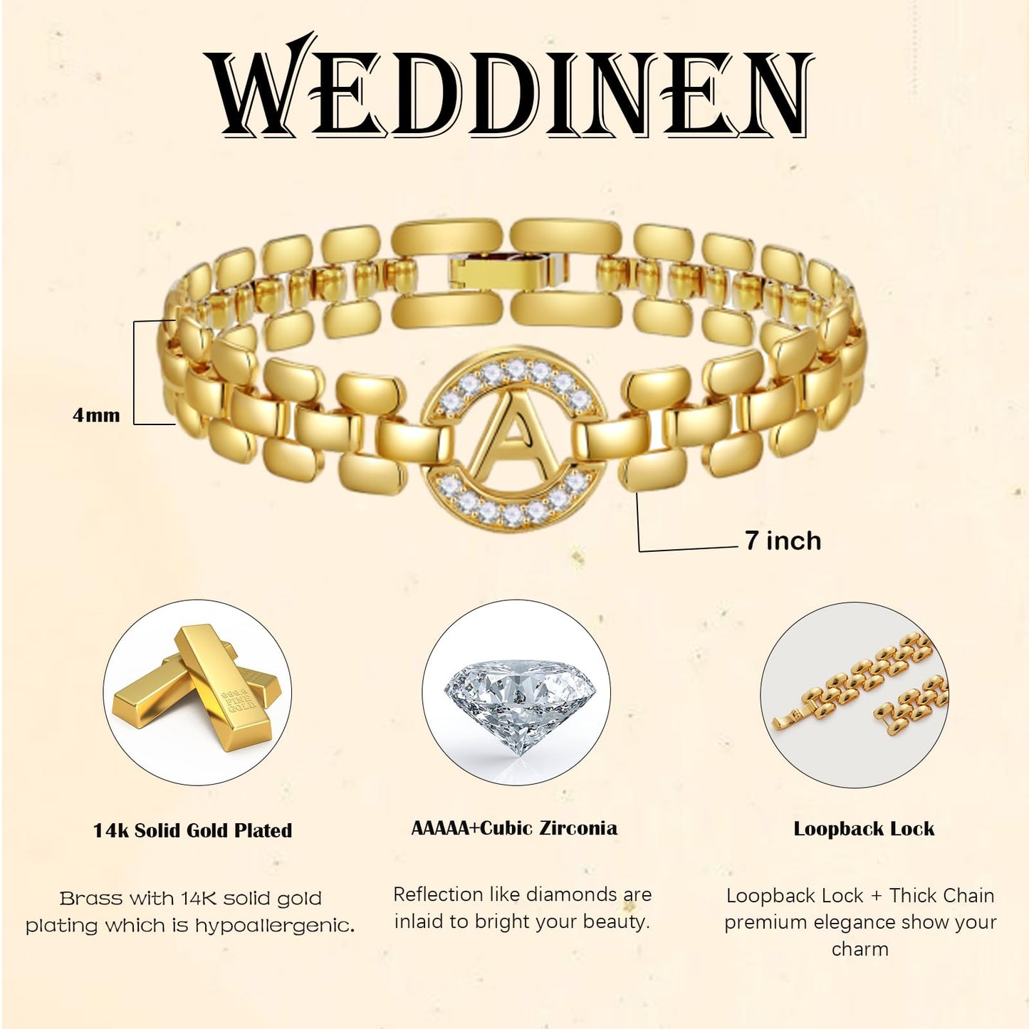 WEDDINEN Initial Bracelet - 14K Gold Plated Letter Bangle Wrist Charm Chain for Women