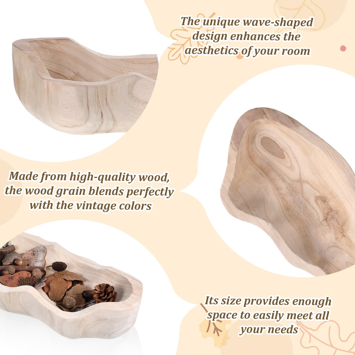 Exircy Wavy Live Edge Dough Bowl, 16 Inch Handmade Wooden Fruit Bowls Decorative Bread Bowls Wood Hand Carved Wooden Coffee Table Bowl for Farmhouse Home Kitchen Decoration