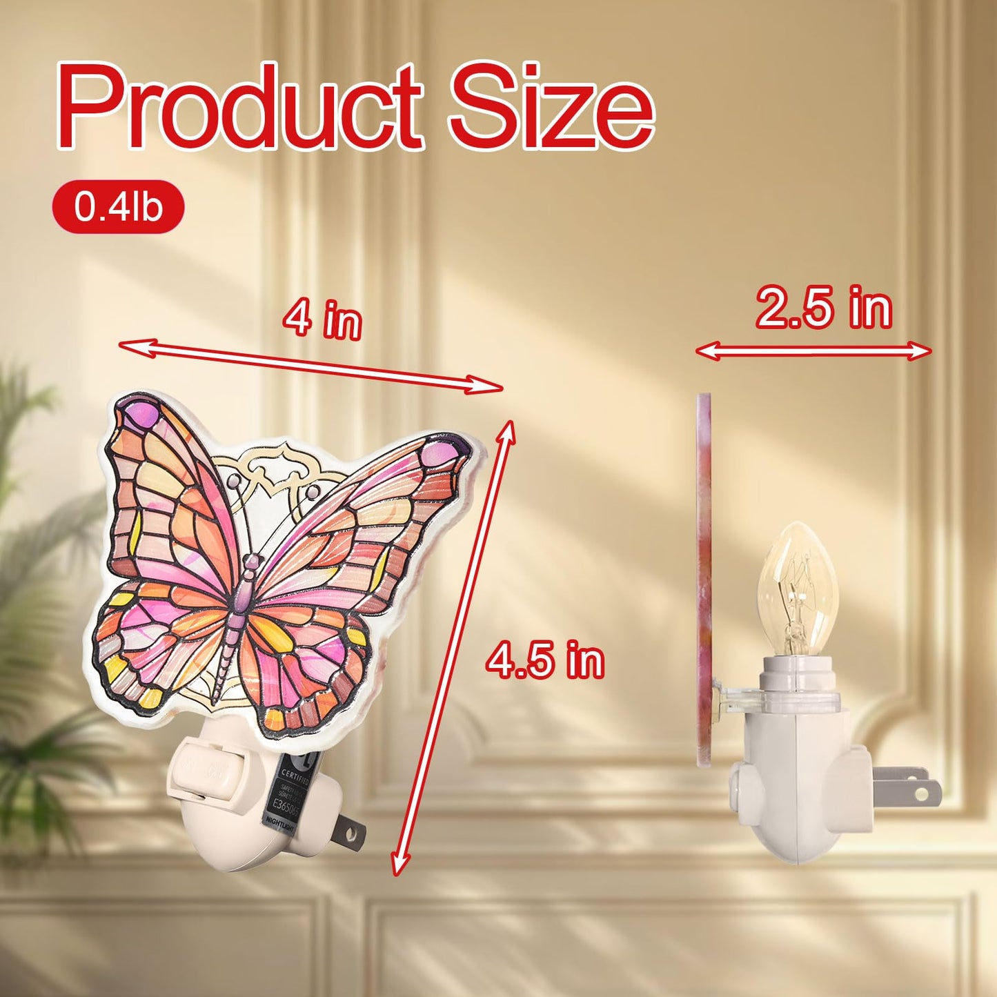 VOUWOWOX Pink Butterfly Night Light – Stained Glass Styled Plug-in Wall Light for Vertical Outlets – Real Glass, Warm Glow for Bedroom, Bathroom, Hallway – Gift for Butterfly Lovers