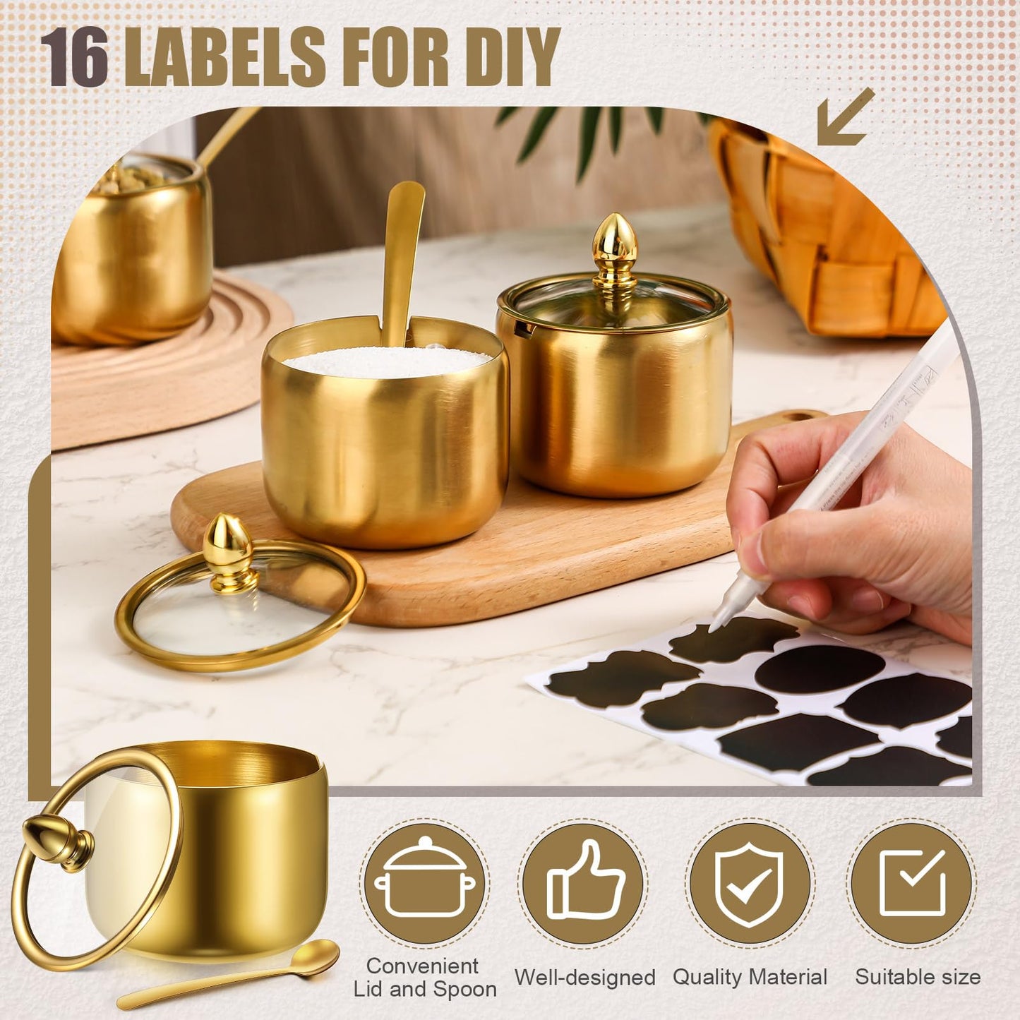 Baderke 4 Pcs 9.8 oz Stainless Steel Sugar Bowl Sugar Container Condiment Dispenser with Lid and Spoon with Tag for Spice Coffee Tea Pepper Herbs(Gold)