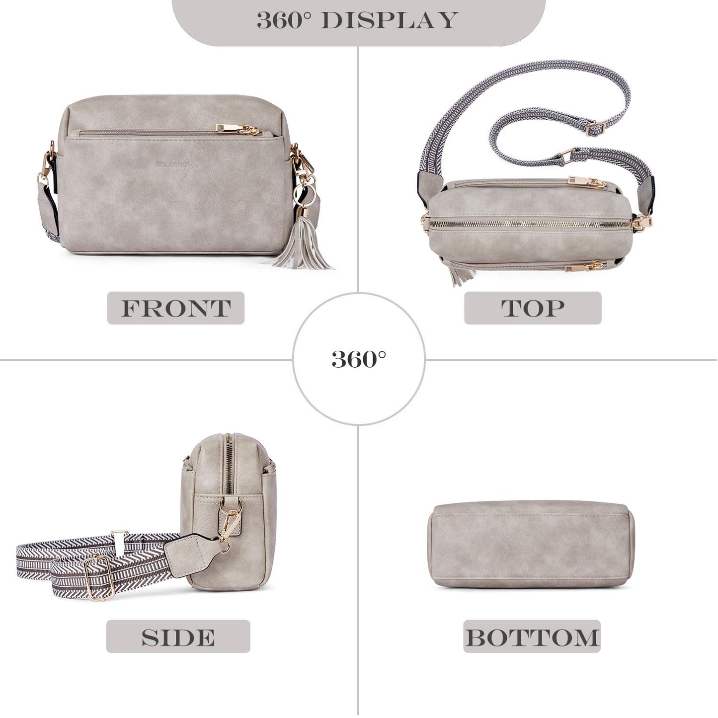 Roulens Triple Zip Small Crossbody Bag for women,Wide Strap Cell Phone Purse Shoulder Handbag Wallet with Credit Card Slots