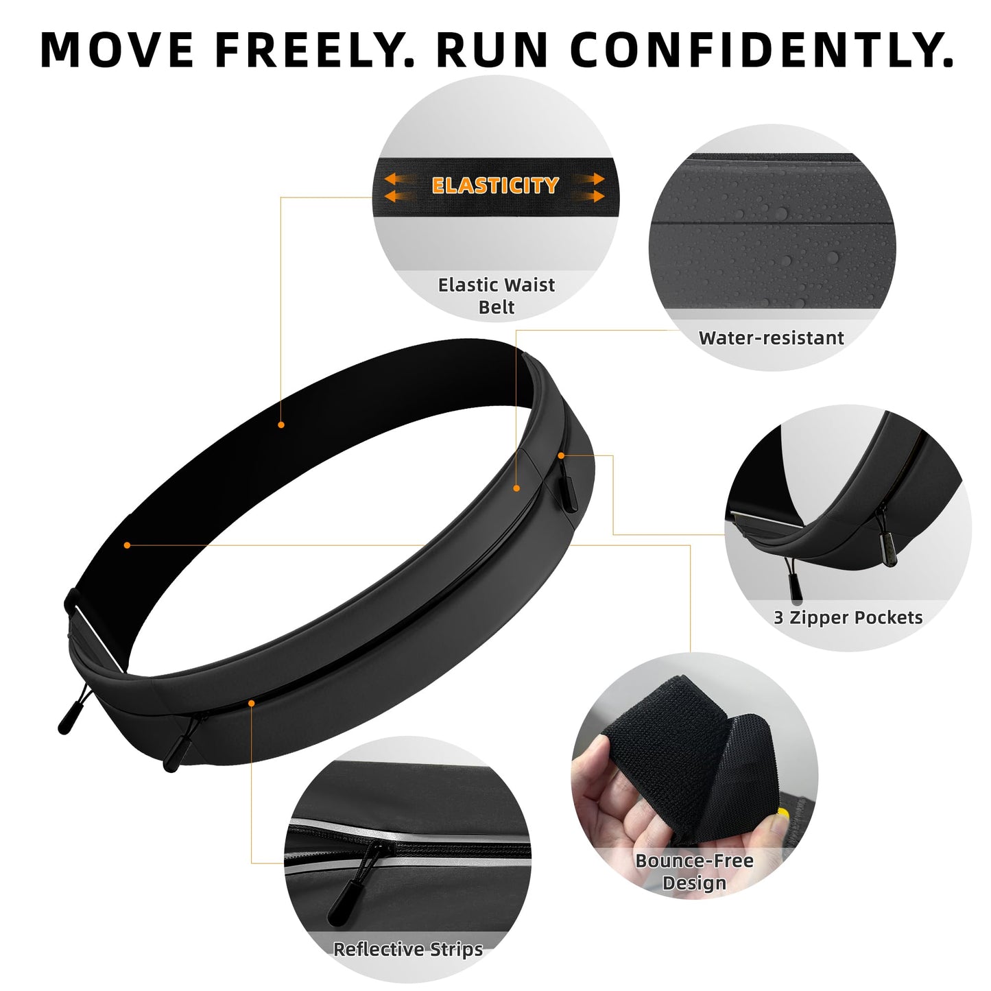 Running Belt for Men Women, Water-resistant Fanny Pack with 3 Zipper Pockets & Reflective Safety Strips, Adjustable Waist Pack Jogging Pouch for Phone, Keys & Essentials (Black, Small)