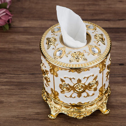 Geesatis Tissue Box Cover, Cylindrical Tissue Box Holder, Napkin Facial Tissues Holder for Bathroom Toilet Bedroom Living Room Table Desk Office Dresser, 1Pcs Gold 6.5''x6.1''