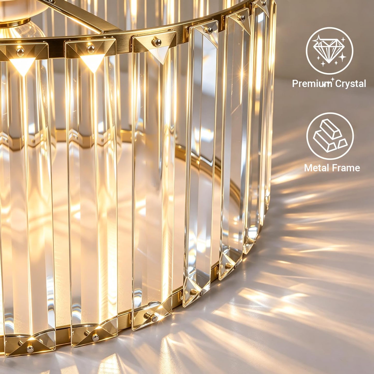 Gold Crystal Chandelier for Dining Room, 6-Light Modern Semi Flush Mount Ceiling Lighting Fixtures, Round Kitchen Fixtures Ceiling, Hanging Drum Pendant Lights for Living Room Bedroom Foyer, 19IN, E26
