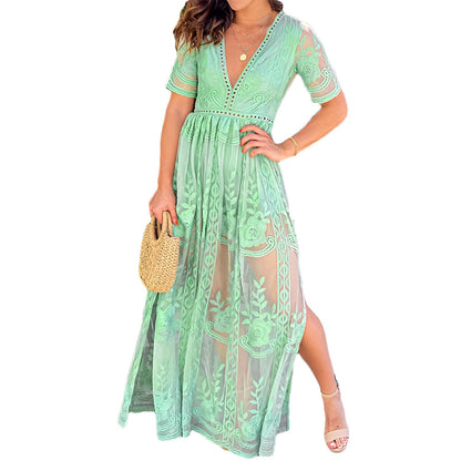Womens Deep V Neck Short Sleeve Floral Lace Dress Long Bridesmaid Maxi Dresses