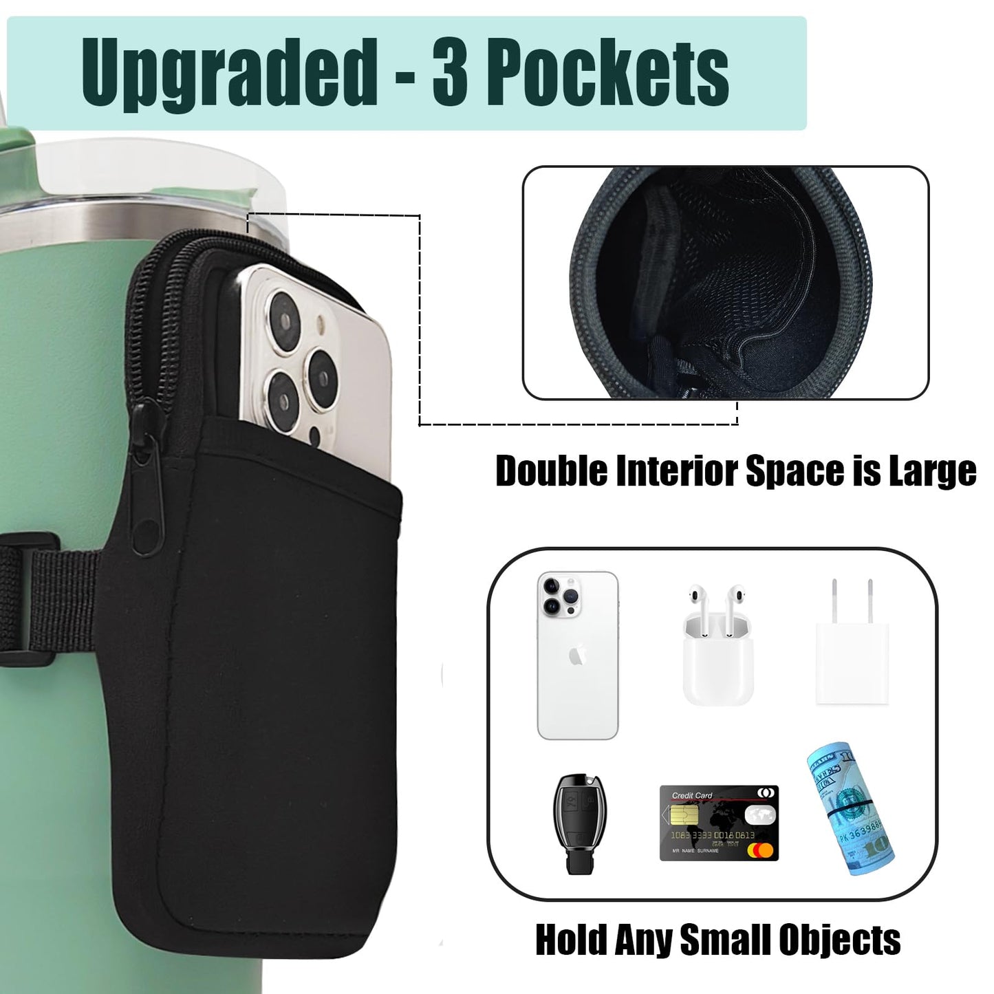 LMYUHONG Water Bottle Pouch for Stanley Cup Accessories 40oz 20oz 30oz, Tumbler Pouch with Versatile Pocket for Cards, Keys, Earphone, Fits Phones, Use for Running, Walking, Hiking & Biking, Black