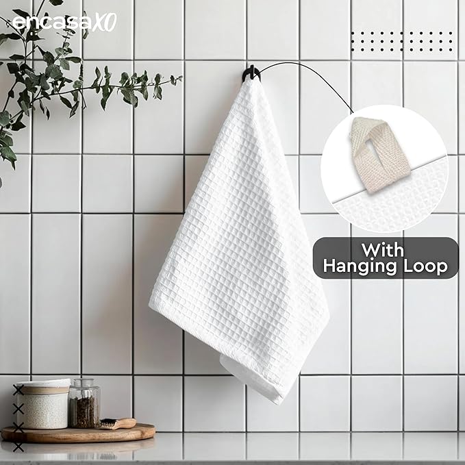 Encasa XO Kitchen Dish Towels Set | White | Waffle Weave and Flat Hand Tea