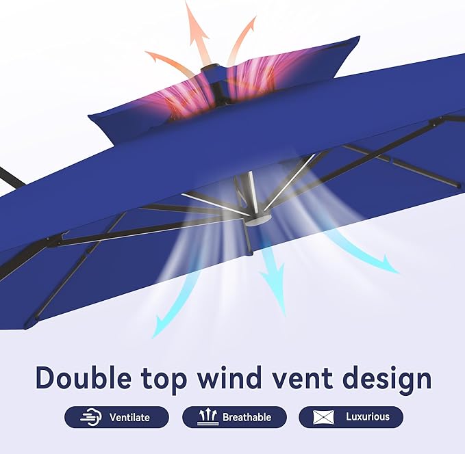 10 X 13 FT Cantilever Outdoor Patio Umbrella with Base Included Large Heavy Duty 360° Rotation Double Top Offset Rectangular Umbrellas with Led Lights for Backyard Outside Deck, NAVY
