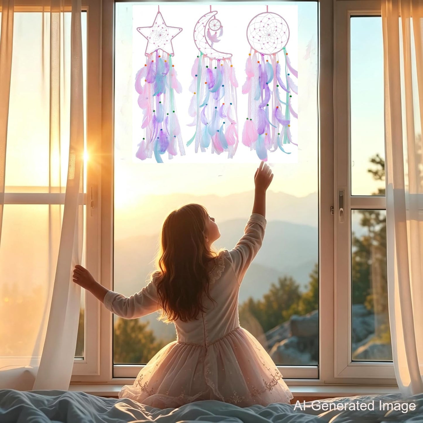 3 Pack Pink Star Moon Sun Dream Catcher - Pink Dream Catchers for Girls, Teen Girl Room Decor, Grils Bedroom Decoration