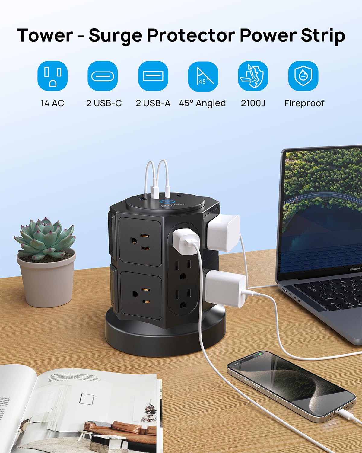 TROND Tower Surge Protector Power Strip with 14 Widely Spaced Outlets, 4 USB Ports(2 USB C), 2100J Surge Protection, 6 Feet Extension Cord with Multiple Outlets, Office Desk Supplies, Dorm Essentials