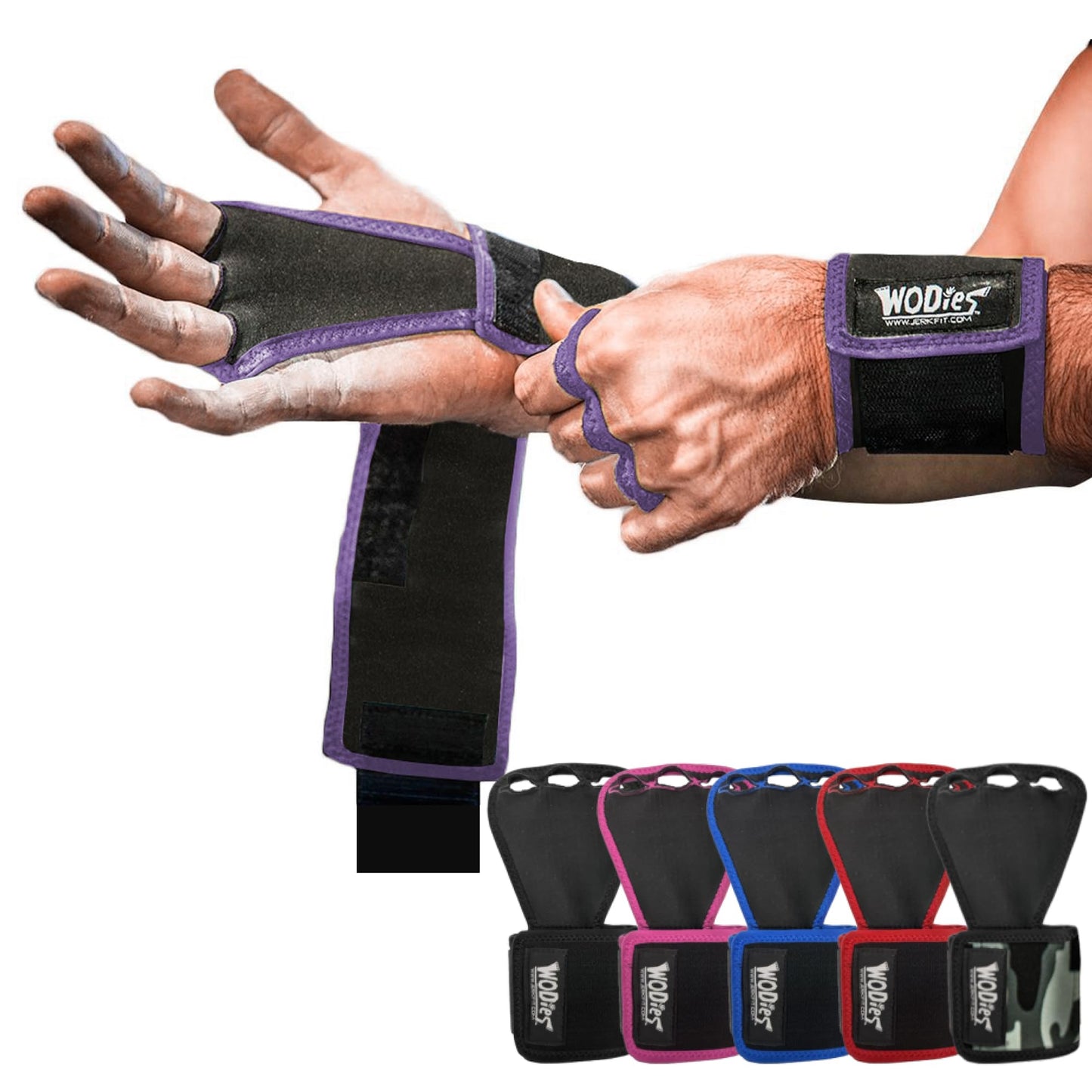 JerkFit WODies Gymnastics & Weightlifting Grips with Wrist Wraps – 3 Hole Versatile Gym Gloves for Pull Ups, Gym Training & Cross Training – Hand Grips Palm Protector for Men & Women