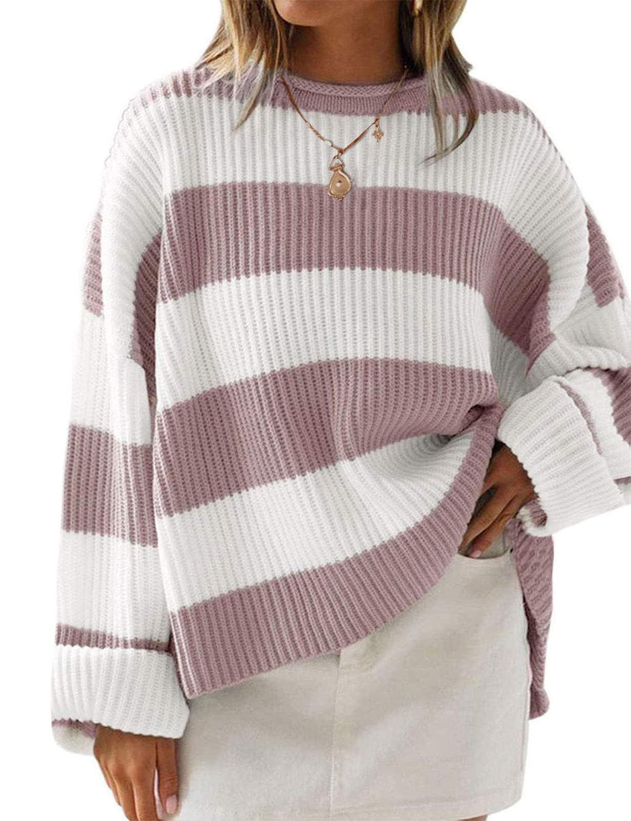 ZESICA Women's 2025 Fall Long Sleeve Oversized Striped Color Block Comfy Loose Crew Neck Knitted Pullover Sweater