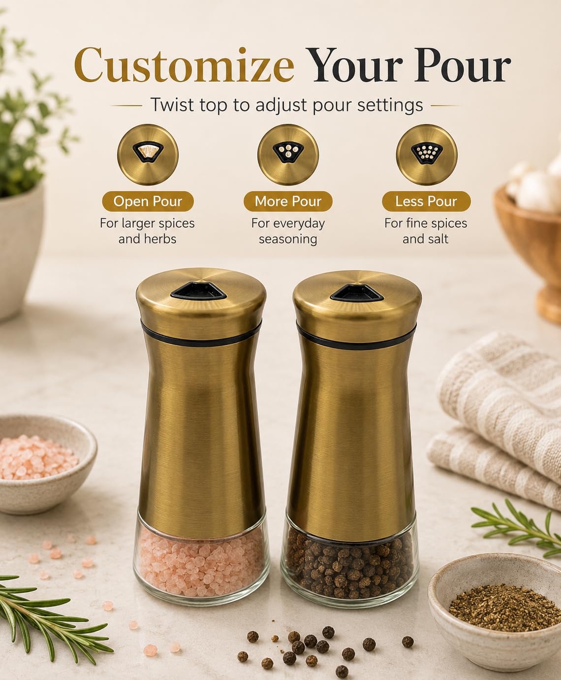 Elegant Gold Salt and Pepper Shaker Set Adjustable Pour Holes Stainless Steel and Glass Modern Design Adjustable Top Makes it the ideal Spice and Seasoning Dispenser Kitchen Sugar and Cinnamon Shakers