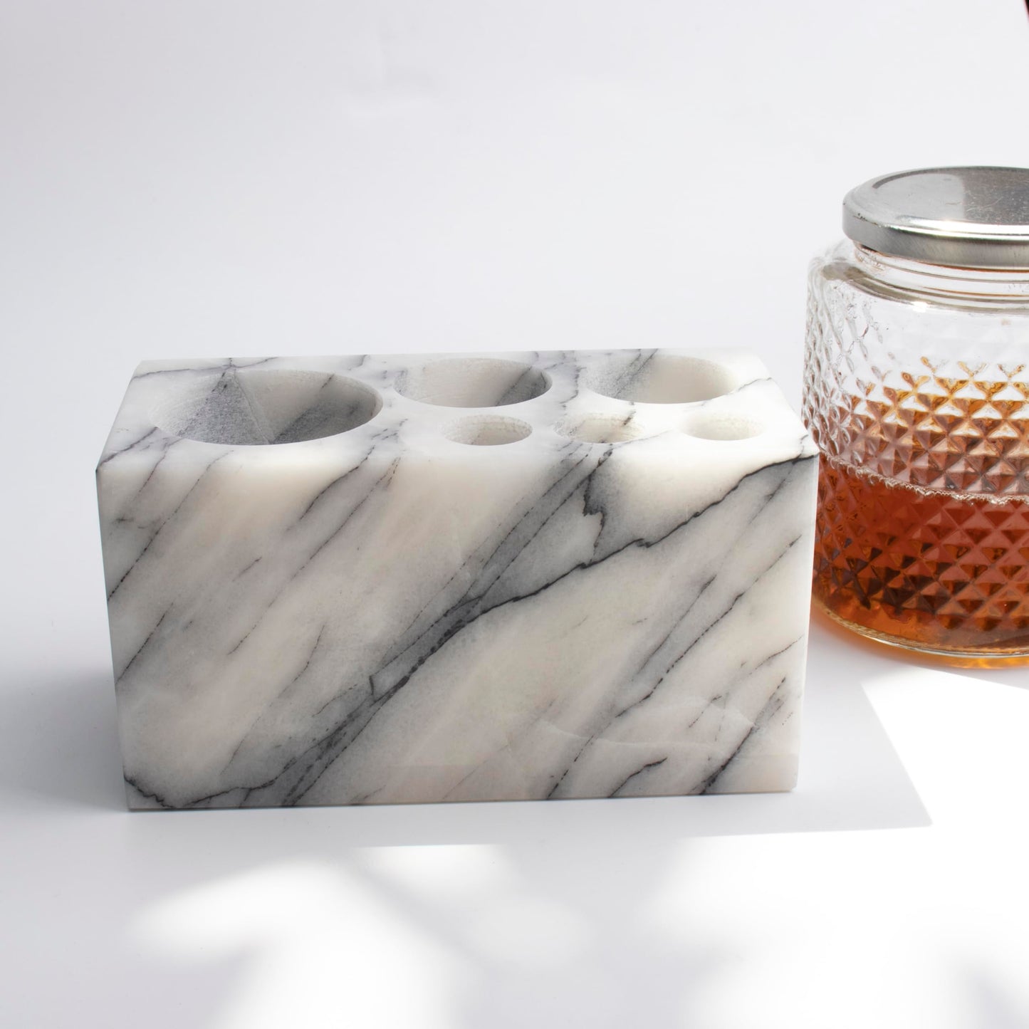 Natural Marble Stone 6-Hole Base Bathroom Holder Storage Rack for Electric Toothbrush/Toothbrush/Toothpaste (Carrara Marble)
