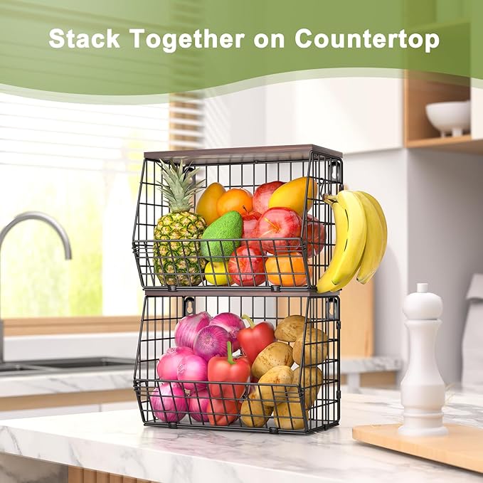 2 Tier Fruit Bowl Fruit Basket for Kitchen Counter Stackable Wall Mounted