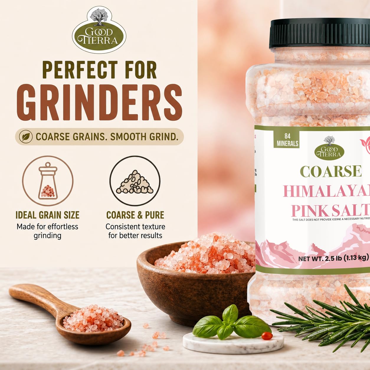 Good Tierra Himalayan Pink Salt in Jar - Coarse, 2.5 lb - Ideal for Bath Salt, Table Salt Grinders, and Spice Jars