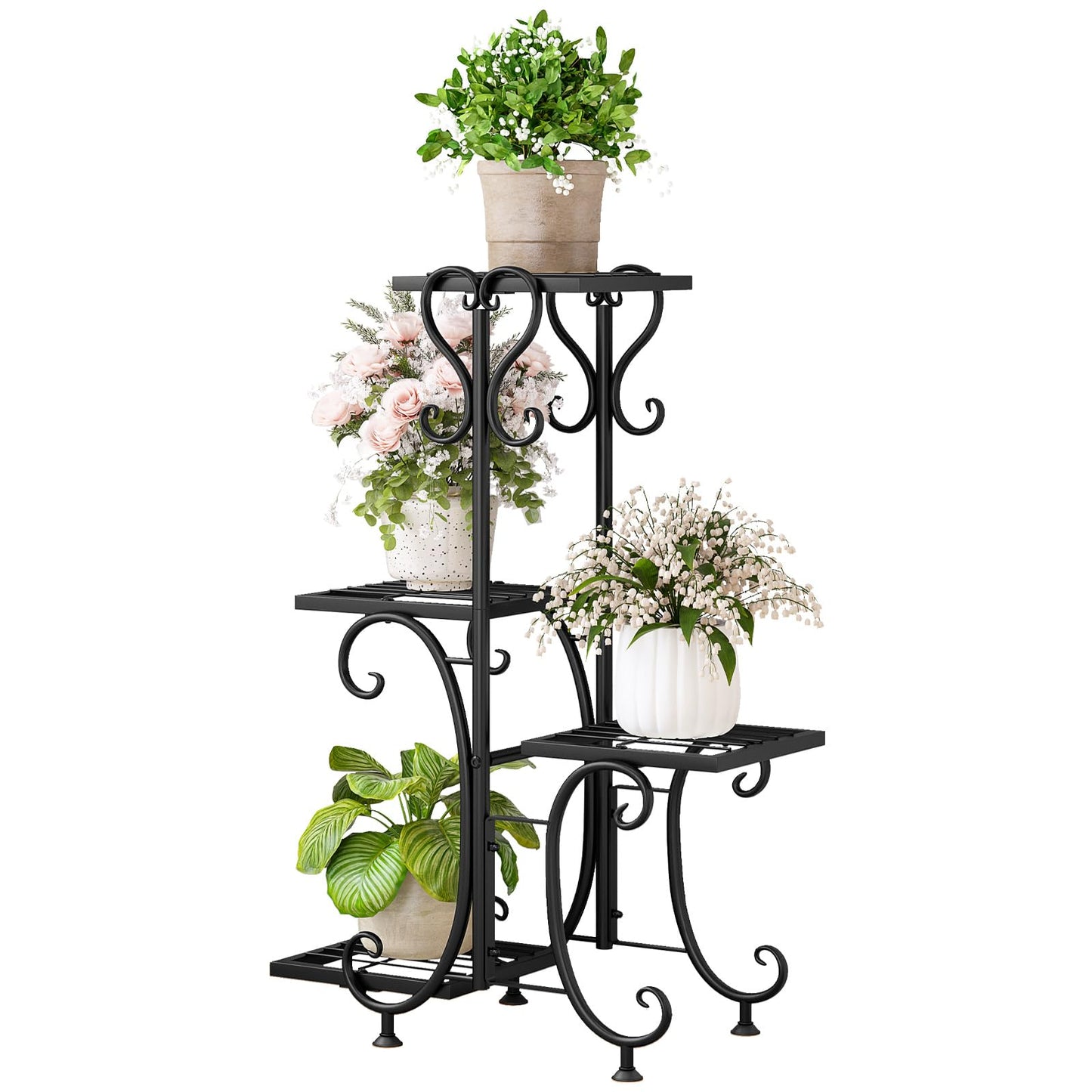 INGIORDAR Plant Stand Indoor Outdoor Shelf 4Tier Metal Holder Pot Rack Multiple Plants Stand Tall Flower Shelf Corner Living Room Garden,Black (Black, 4 Pots)
