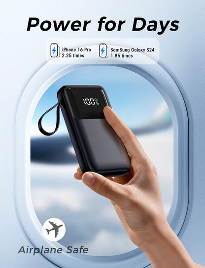 Power Bank, 15000mAh Portable Charger with Built in Cable, 22.5W Fast Charging, 6 Outputs, Slim Travel Essential Battery Pack with LED Display, Compatible with iPhone 17/16/15/14/13, Samsung, iPad