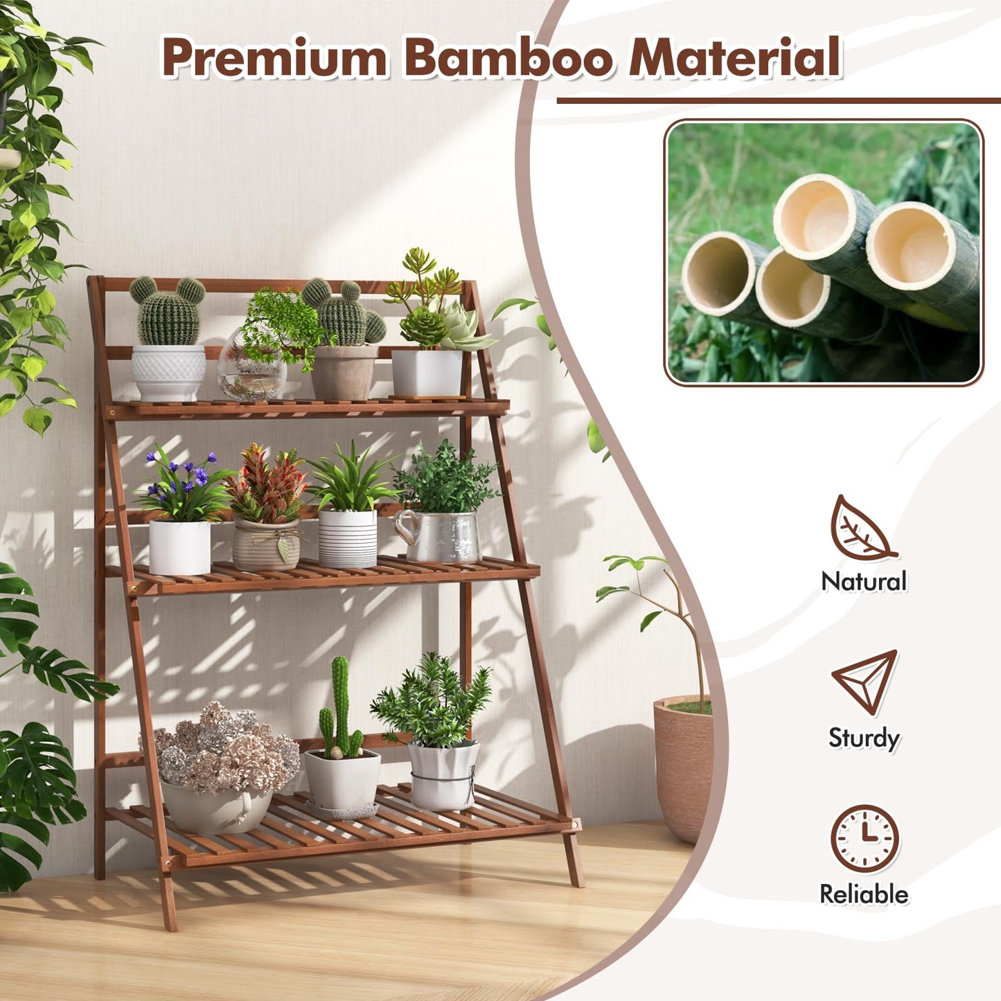 DREAMADE Plant Stand, 3 Tier Bamboo Ladder Plant Stand with Foldable Design, Anti-falling Crossbar, Freestanding Plant Shelf for Indoor Outdoor, Living Room Balcony Patio Garden