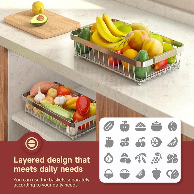 2 Tier Large Fruit Basket for Kitchen Counter