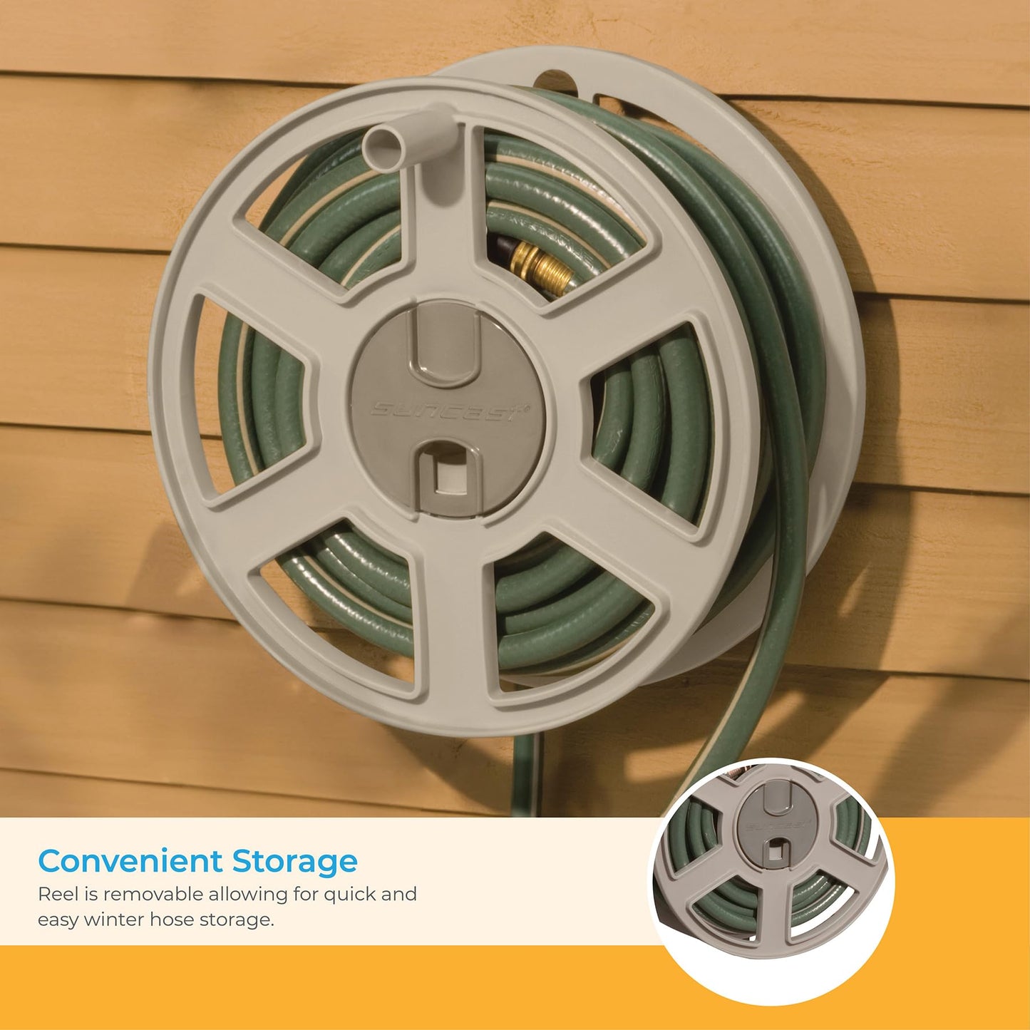 Suncast 100 Ft. Wall Mount Hose Reel Side Winder for Yard, Garden, Space-Saving Design, Easy Hose Storage, Fully Assembled, Taupe (Open Box), Made in the USA