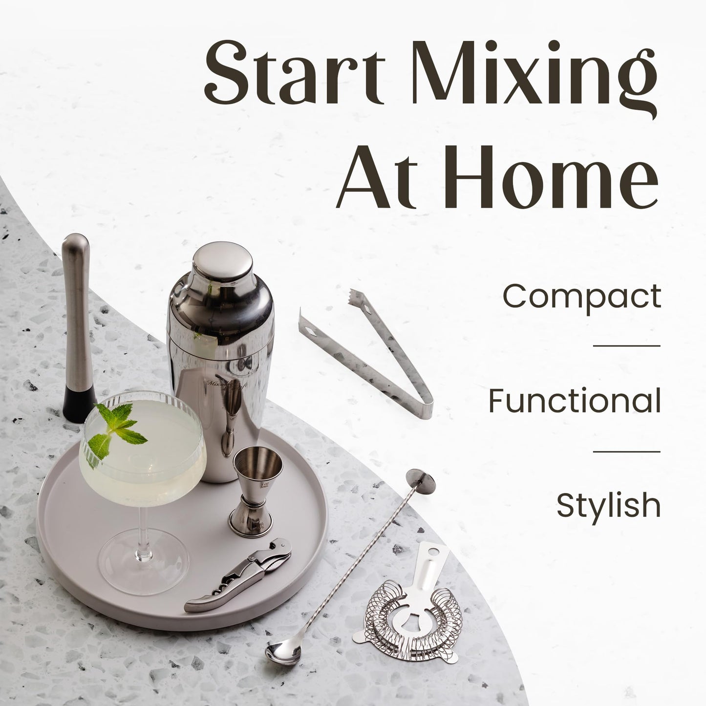 Mixology Cocktail Shaker Set - 10-Piece Cocktail Making Set - Home Bartender Kit in Bamboo Stand with Spoon, Boston Shaker, Other Tools for Drink Mixing, Martini, Mocktail - Gift Set (Silver)