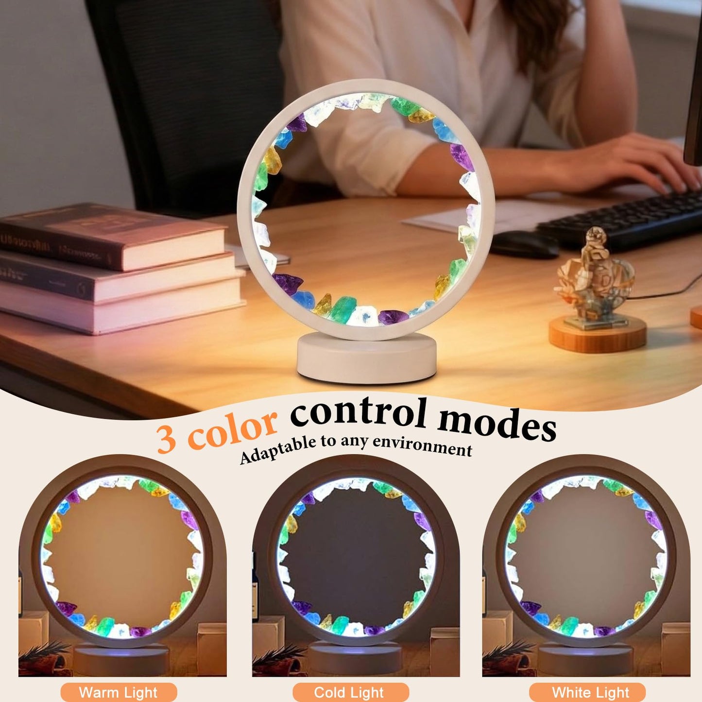 Runyansghi Chroma Gravel Night Lamp 8.6" Natural Healing Crystal Bedside Lamp USB Port 3 Colours Dimming Mode Bedroom Lamp Suitable Night Light for Living Room Bedroom Office Home Decor Ideal Gift