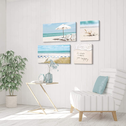Coastal Canvas Wall Art Picture: Sandy Beach Chair Print 4 Piece Tropical Ocean Seascape Decor Artwork Relaxing Sea Scene Seashell Painting for Living Room Bedroom