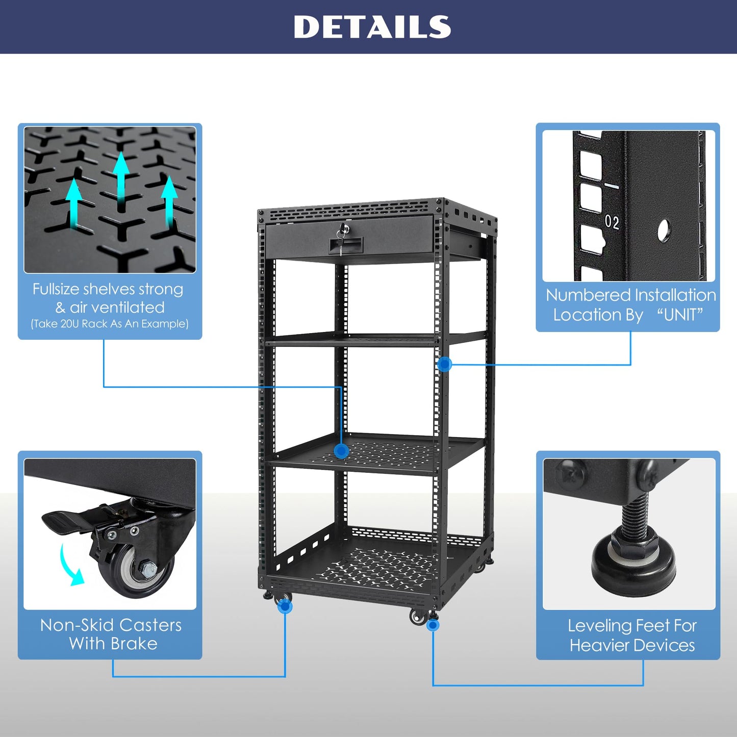 OCEANHUG 20U Server Rack Cabinet with Drawer & 2 PCS Full Size Rack Shelves - Integrated Top/Bottom Panels, 4 Rolling Wheels for 19" Equipment & Home Lab Studio