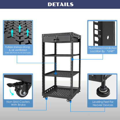 OCEANHUG 20U Server Rack Cabinet with Drawer & 2 PCS Full Size Rack Shelves - Integrated Top/Bottom Panels, 4 Rolling Wheels for 19" Equipment & Home Lab Studio