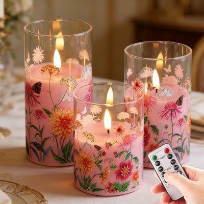 Girimax Pink Floral Glass Flameless Pillar Candles with Remote, Flickering Spring LED Battery Candles Home Decor Set of 3