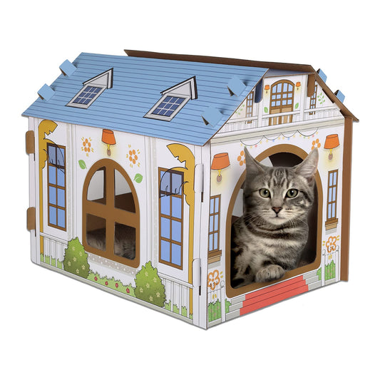 SEKAM Cardboard Cat House with Scratcher/Catnip (16.5''L x 12''W x 13''H), Play House for Indoor Cats， Cat Scratching Box & Hideaway Furniture, Hideout for Small Animals