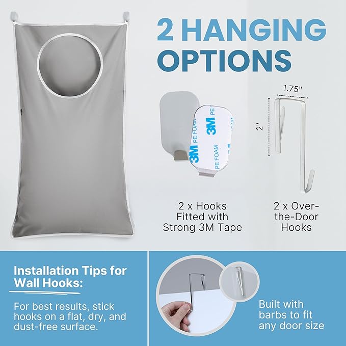 Hanging Laundry Hamper Bag XL 40x22", Space Saving over the Door Storage Bags